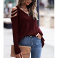 thumbnail image 4 of Mujer Manga Larga Top Cuello En V Cremallera Hombro Frío Color Puro Tipo Suelto Camiseta Casual Vino Rojo XL, 4 of 7