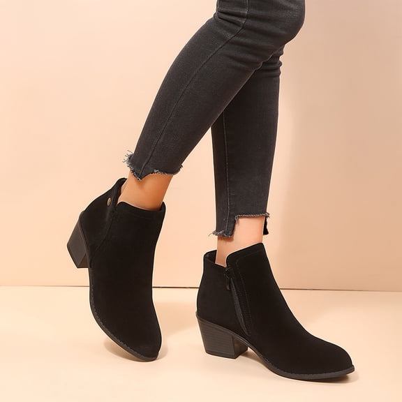 DLONGLI Women's Low Heel Ankle Boots, Side Zipper Round Toe Booties, Comfortable Fall Winter Dress Boots, Casual Office Shoes