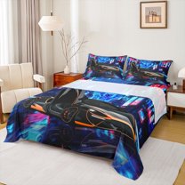 jejeloiu Extreme Speed Game Queen Sheet Sets,Racing Car Gaming Flat Sheet,Black Blue Queen Fitted Sheet For Teens,Super Cozy Room Decor,4-Piece
