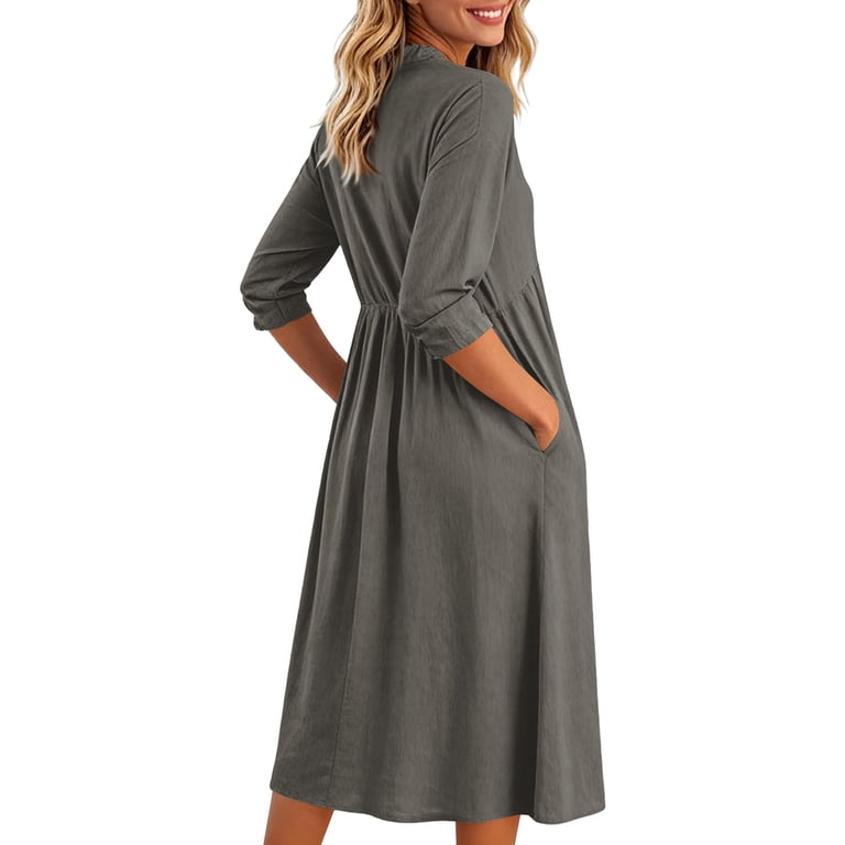 VBVC Women's Cotton Linen Henley Midi Dress , Summer V-Neck Empire Waist Dress For Women , Ladies' 3/4 Sleeve Tunic Dress with Pockets,Gray,S-2XL