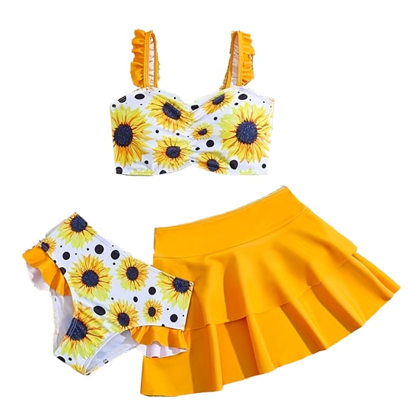 ibiyuan Toddler Girls Swimsuit 5t ,3 Piece Bathing Suits for Girls Adjustable Straps Tankini for Girls Cut Out Bikini Swim Tank Top Tropical Printed Swimwear with Cover Up Skirt,3-4 Y