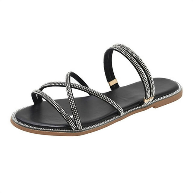 NOKIO Pantoufles Plates pour Femmes Décorées de Strass, Sangle Réglable Chaussures d'Été Décontractées Respirantes Semelle Antidérapante pour Intérieur Extérieur