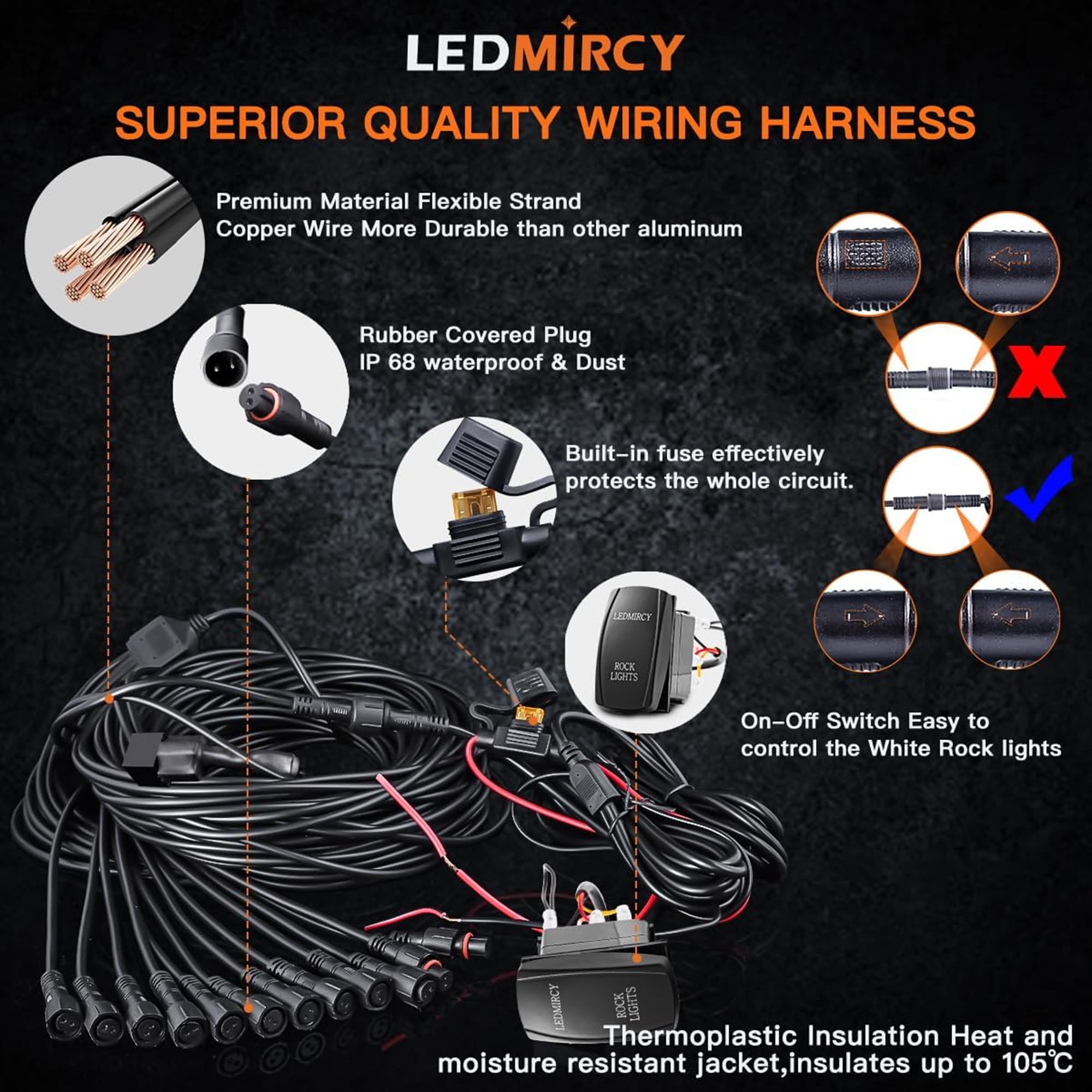 LEDMIRCY R3 Pure White Rock Light Kit with Rocker Switch Wire Harness 12PCS for off road Trucks Atv Utv Suv Under Body