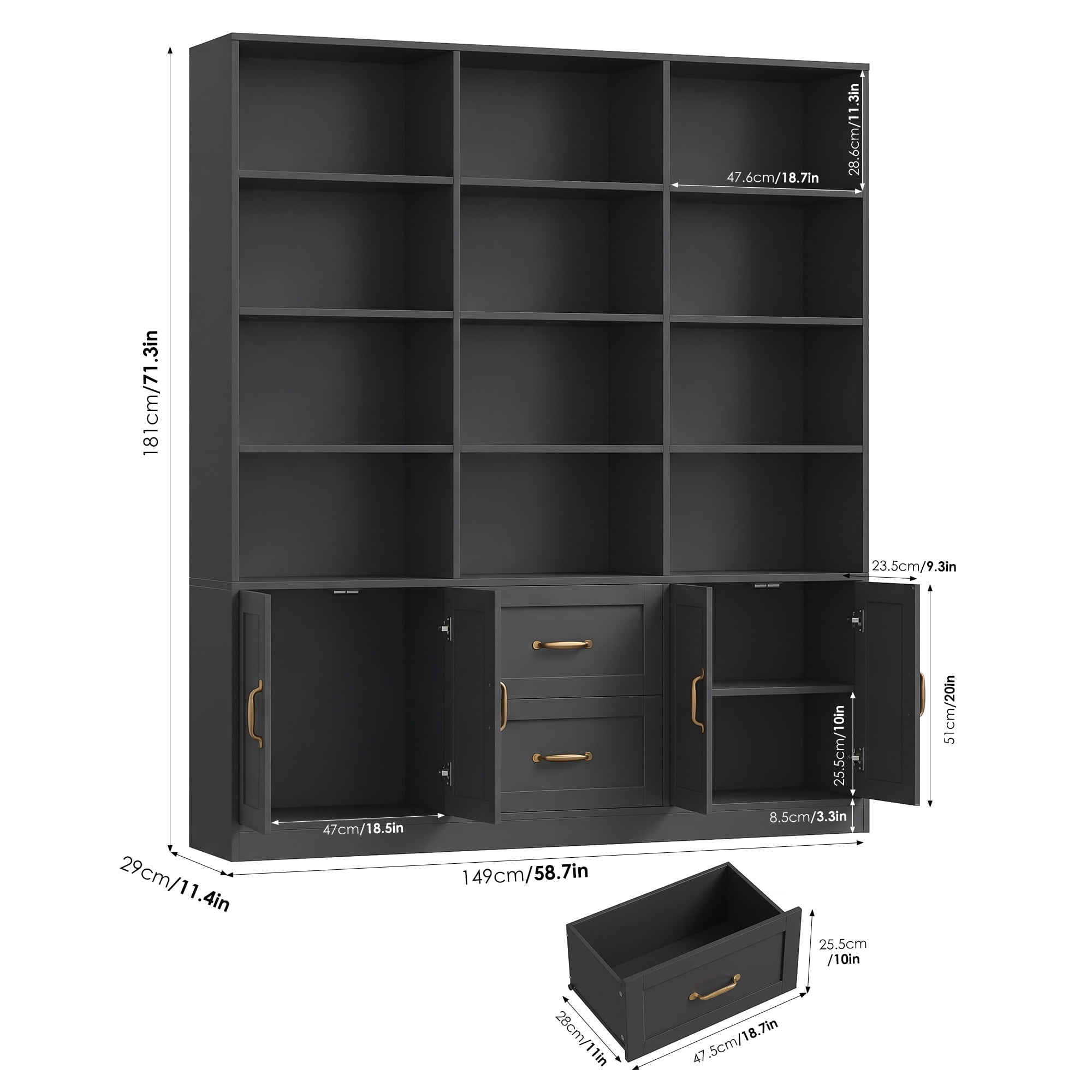 Hiphuta 71" Tall Triple Row 4-Tier Bookcase with 12 Open Cubes, 59" Wide Extra Large Display Bookshelf with 4 Doors and 2 Drawers, for Office Living Room, Black