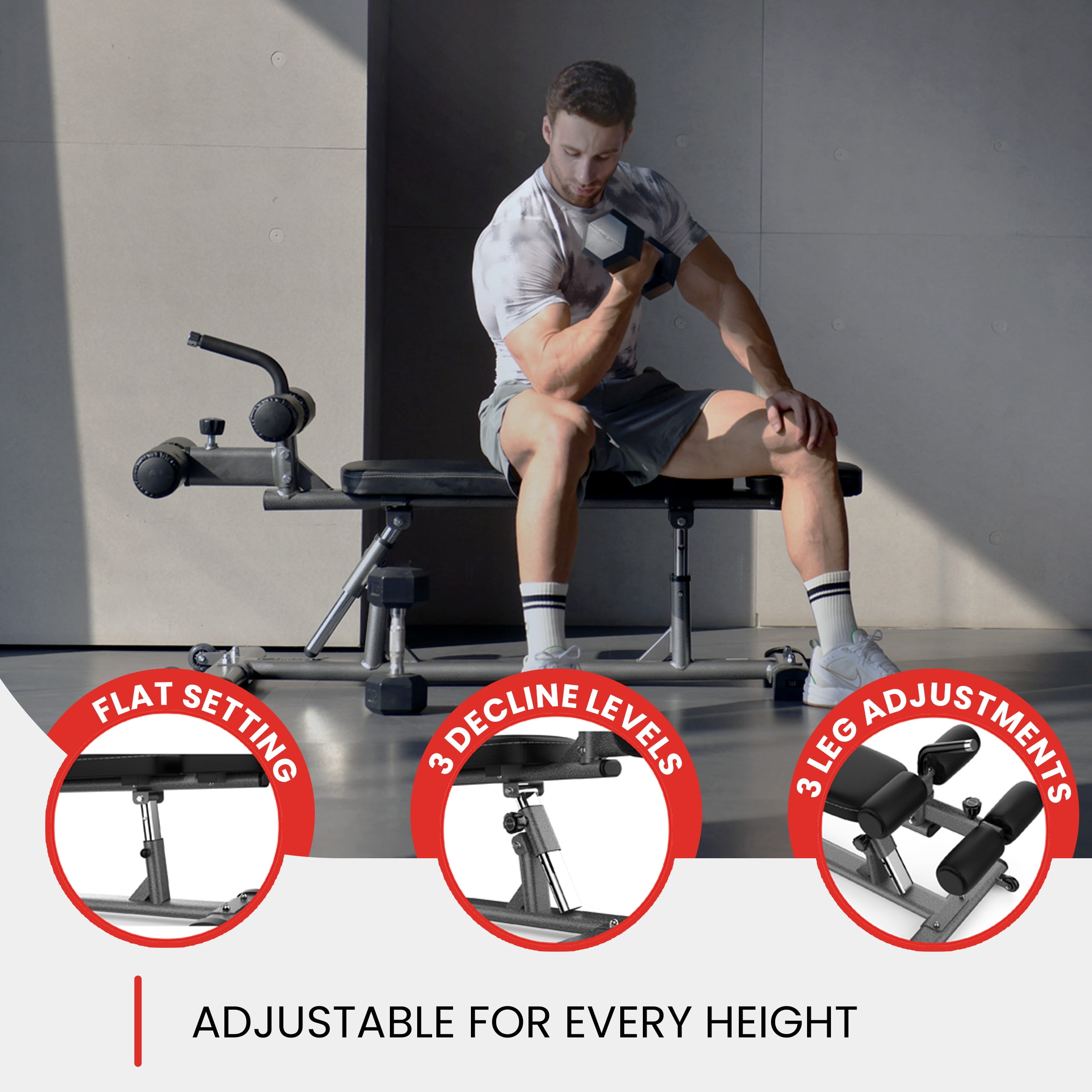 Finer Form Semi-Commercial Decline Sit Up and Flat Weight Bench. Adjustable Fitness Equipment and Exercise Bench for Abs, Crunches, and Strength Training. Great Workout Equipment for the Home Gym.