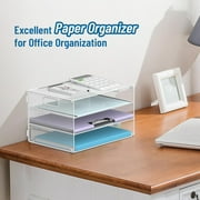 INTIGE 3 Tier Letter Tray Paper Organizer with Handle, Mesh Desk Organizer for Office Home, White