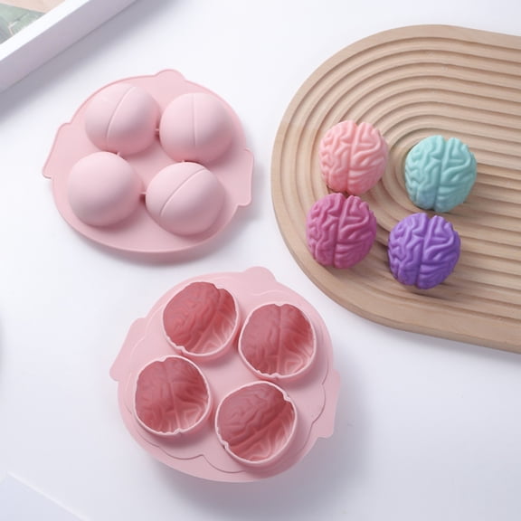 4-Cavity Brain Shaped Silicone Mold Novelty Non-Stick Tray For Chocolate Candy Ice Cubes And Quirky Summer Drinks(Pink-16cm)