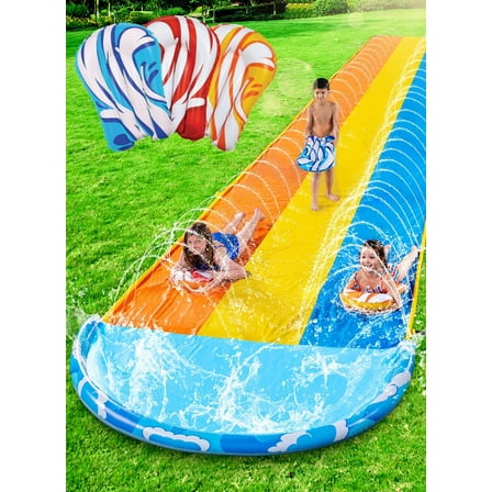 GLFR 22.5ft x 82in Waves Triple Lawn Water Slide,Heavy Duty Lawn Water s with 3 Body Boards and Slip Sprinkler for Kids Adults Backyard Summer Outdoor