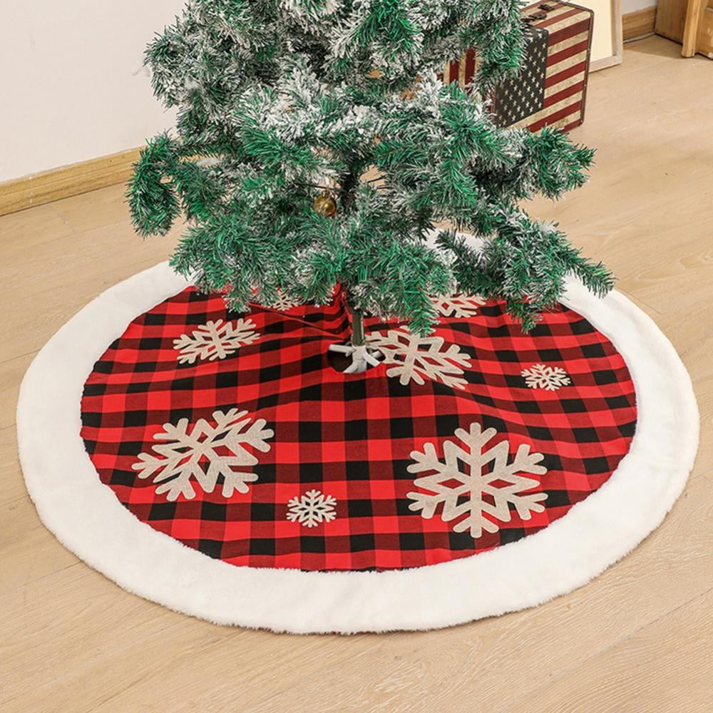 Snow White Plush Xmas Christmas Tree Skirt Base Cloth Red Plaid Decorations Mat 