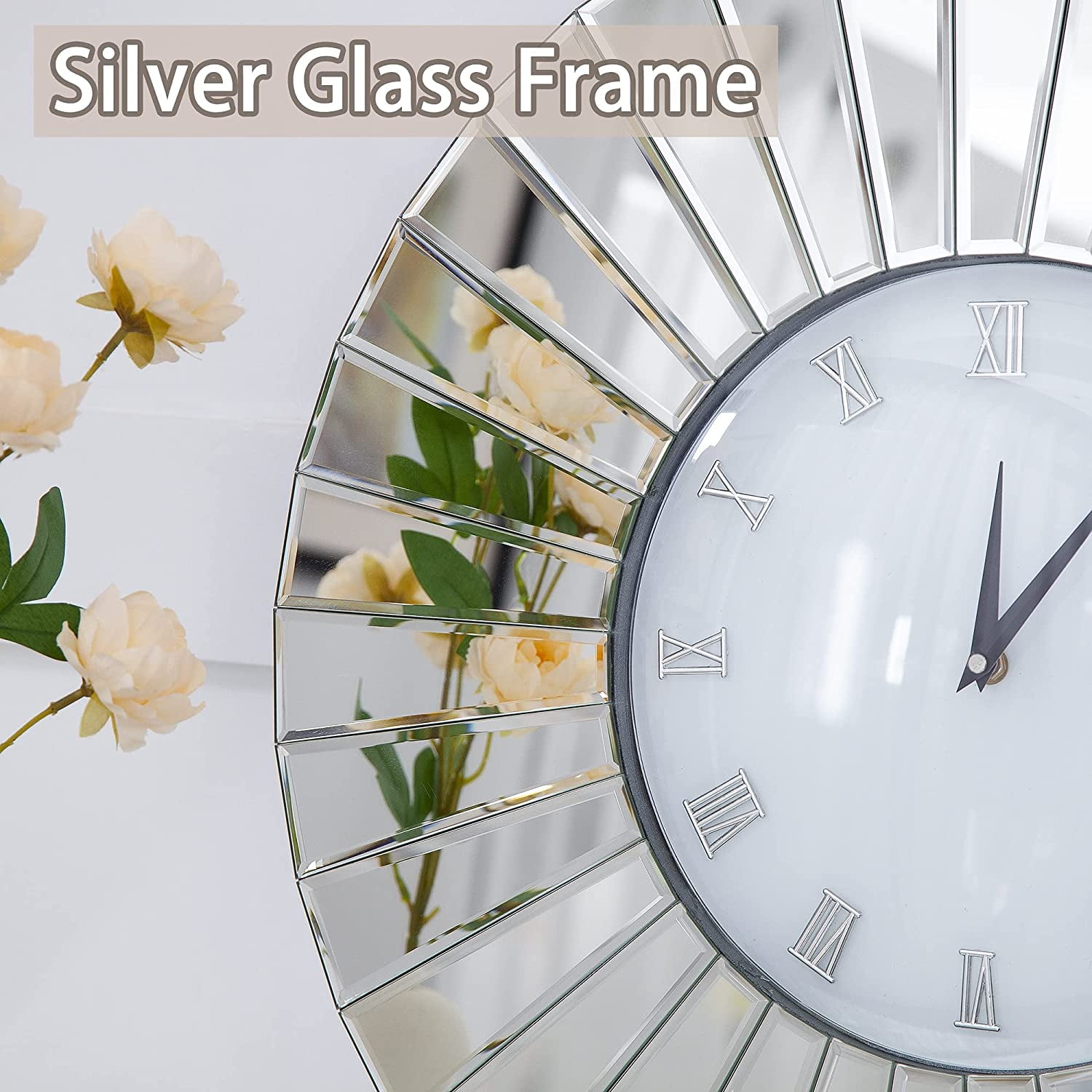 SHYFOY Mirror Glass Wall Clock - 24in Round Silver Glass Finish Decorative Wall Clock for Living Room Office Home Decor