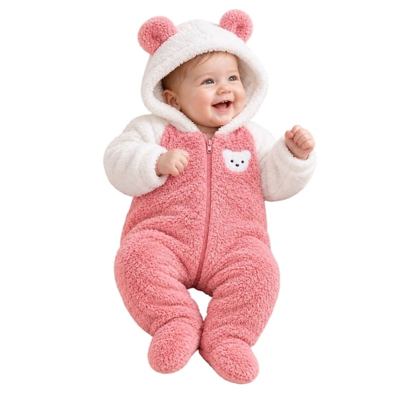 Baby Babysuit Cute Plush Fuzzy Bear Outfit with Hood Zip up Long Sleeve Rompers Winter Warm Onesie Outwear,Pink,6-9 Months