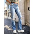 thumbnail image 7 of Women's High Waisted Ripped Straight Leg Denim Jeans with Distressed Knee Hole and Double Button Fly, Light Blue Washed Frayed Hem Long Pants, 7 of 7