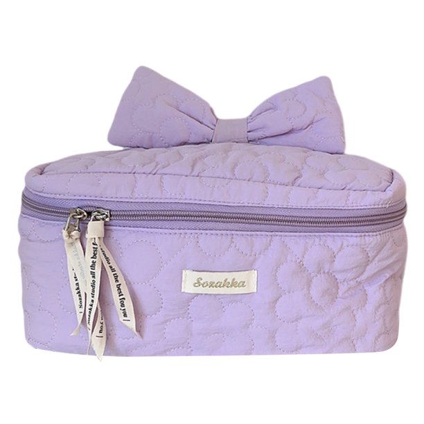 Bolsa de maquillaje acolchada con flores para mujer, bolsa de almacenamiento de flores bonita de algodón con lazo, bolsa de cosméticos de flores de Color sólido, bolsa de cosméticos diaria para niñas