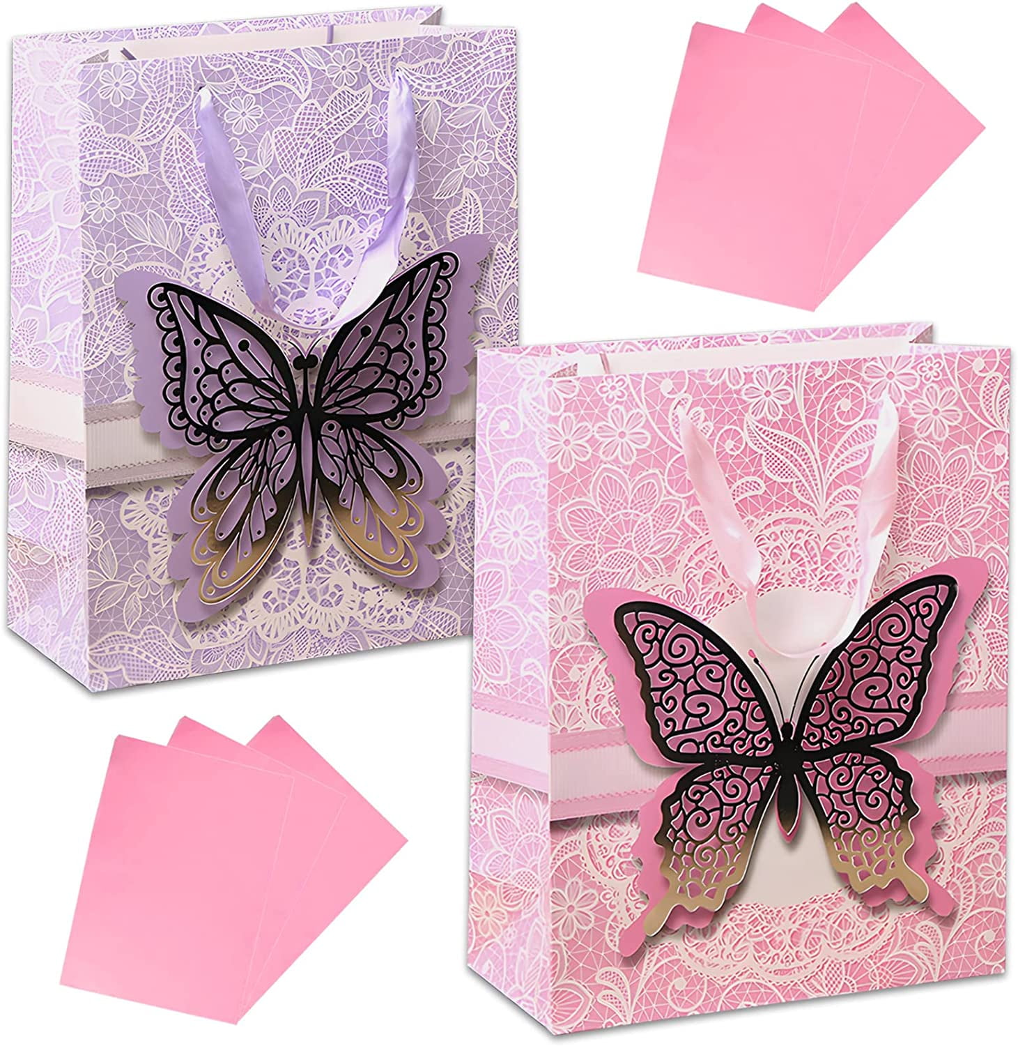 12.6" Large Butterfly Gift Bag 2 Pack, with Handle and Tissue Paper