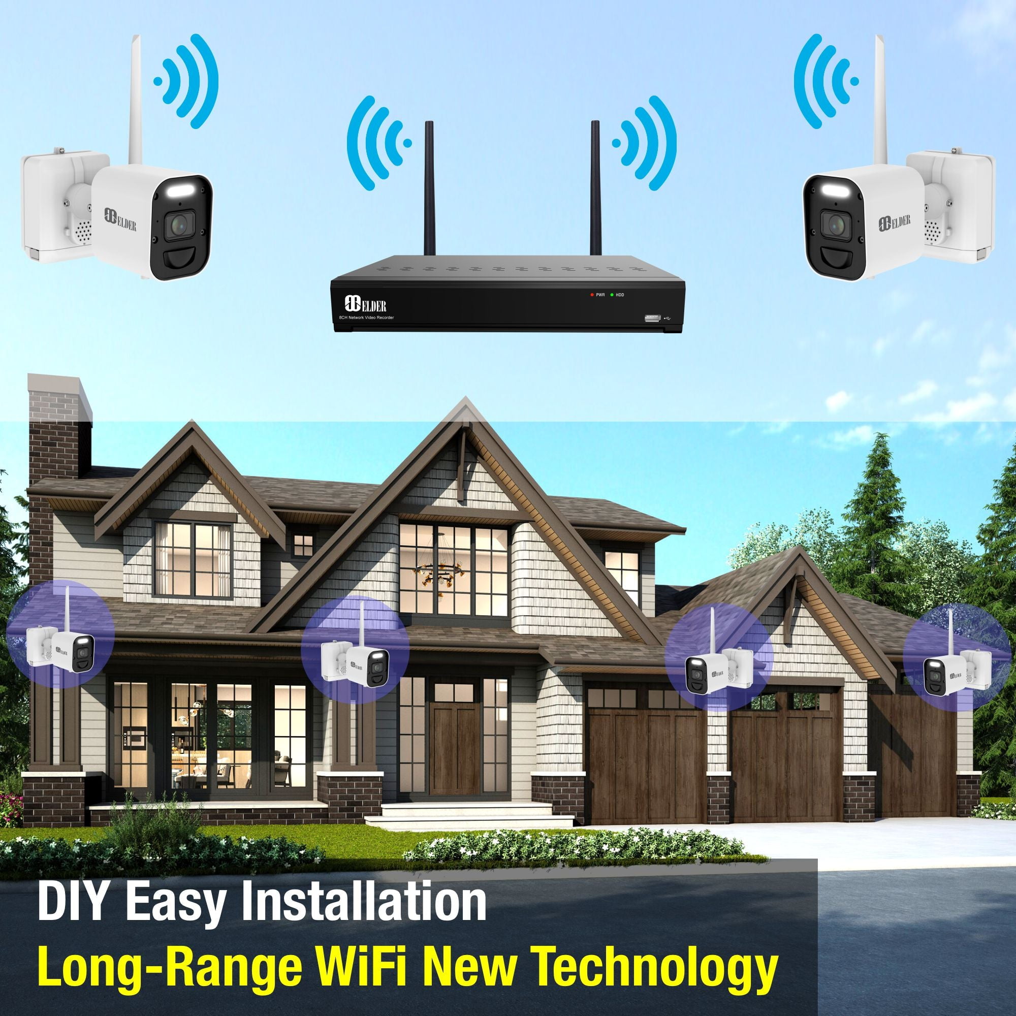 Elder 4K Wireless Security Camera System 1TB Wire-Free, 8Ch NVR 6-Camera Battery WiFi Surveillance Outdoor, Color Night Vision, Spotlight Deterrence & Two-Way Talk