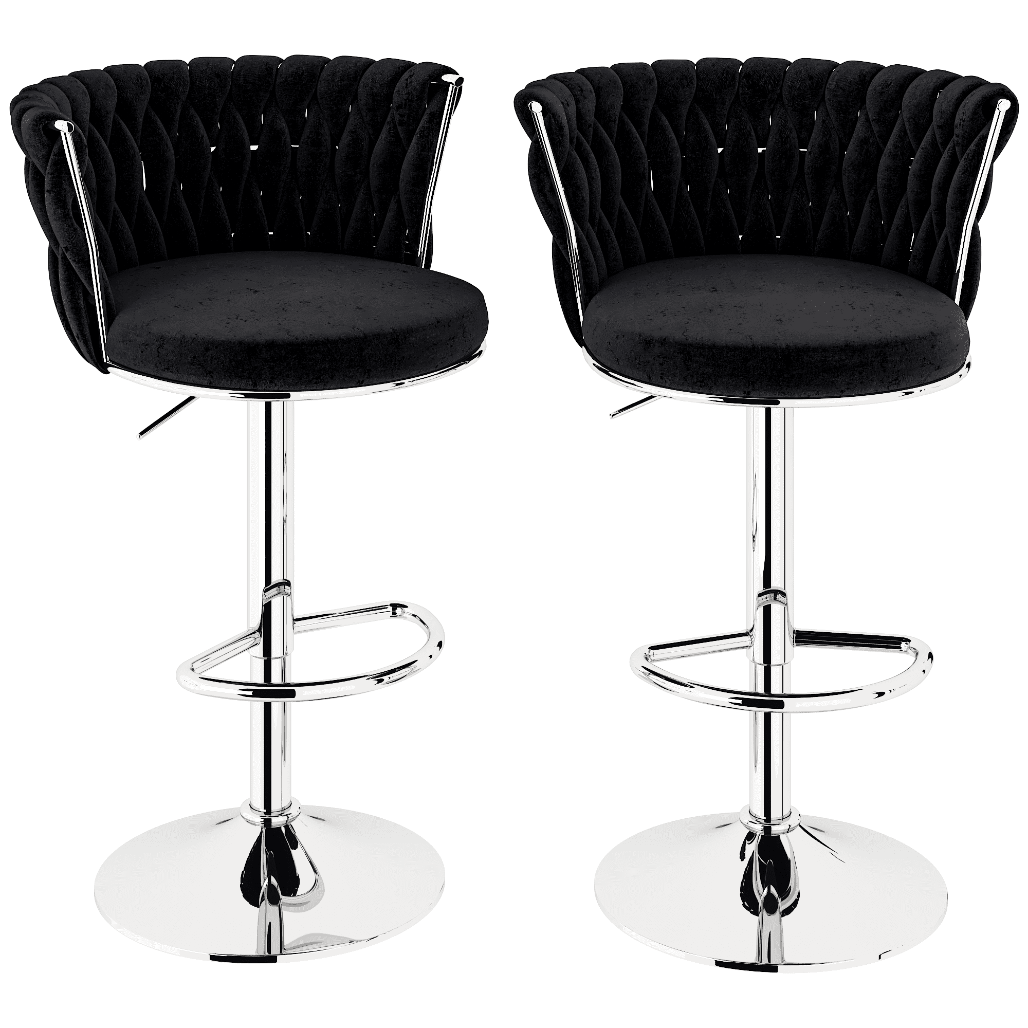 Mieres Velvet Bar Stools Set of 2, Adjustable Height Swivel Pub Chairs with Woven Back, Counter Height Dining Chairs with Footrest, 360° Rotating Kitchen Island Stools for Home & Bar, Black