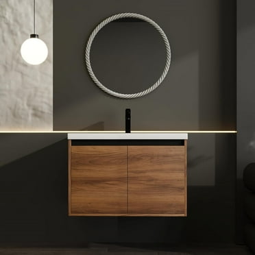 Floating Vanity Bathroom, 30'' Bathroom Vanity with Sink, Natural Walnut Wall Mounted Bathroom Vanity, Integrated Sink, Soft Closing Doors