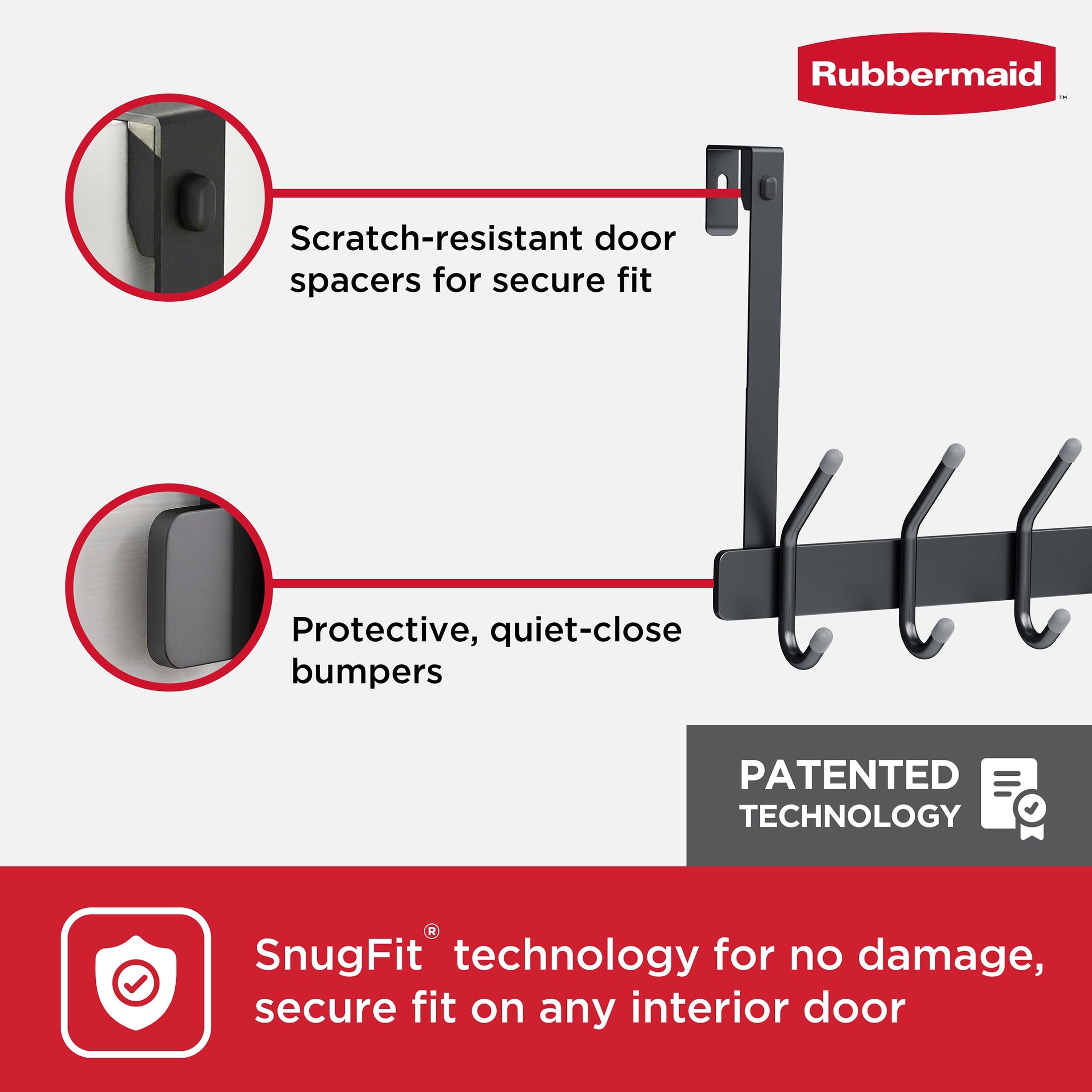 Rubbermaid 5 Double-Hook Over-the-Door Hook Rack, Gray