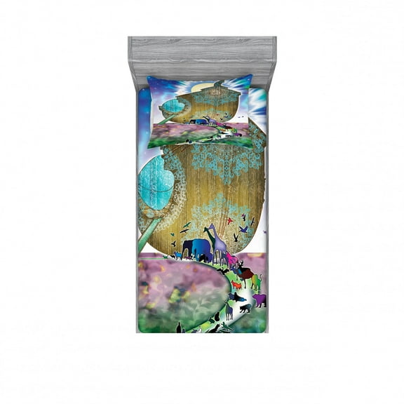 Colorful Bedding Set with Sheet & Covers, Animals of the World Old Story on Night Sea Mandala Patterns Art Work, Printed Bedroom Decor 2 Shams, 4 Sizes, Multicolor, by Ambesonne