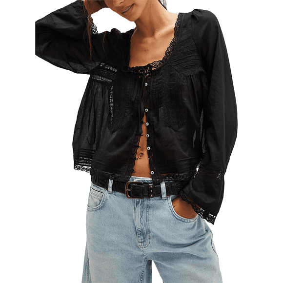Women Tie Front Long Sleeve Top Lace Trim Button Shirt Square Neck Loose Blouse Going Out Y2k Clothes