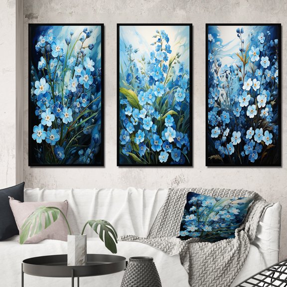 Designart "pasture Of Forgetmenots Flowers III" Floral & Botanical Framed Wall Art Set Of 3 - Blue Meadow Frame Gallery Wall Set For Home Decor