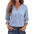 thumbnail image 2 of Women Blouses Button Down Shirts Dressy Business Casual 3/4 Length Sleeve Tops Summer Fall Fashion Clothing,L, 2 of 7
