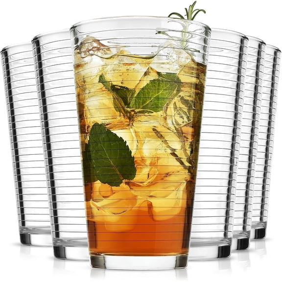 16 oz Ribbed Glassware Set of 6 - Vintage Wave Highball Glasses for Iced Coffee, Cocktail, and Juice - Heavy Base Drinking Cup Set-hengwen