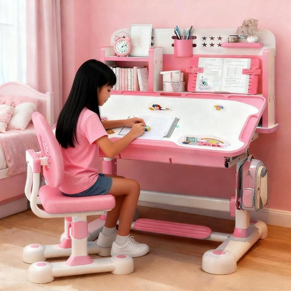 YNCE Kids Desk and Chair Set, Ergonomic Height Adjustable Kids Desk with Cartoon Pattern, Widened and Tilt Desktop, Book Stand, Steel Hook and Storage Drawer for Boys & Girls 3