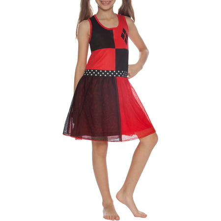 DC Comics Girls' Big Harley Quinn 'Costume' Pajama Nightgown, red,