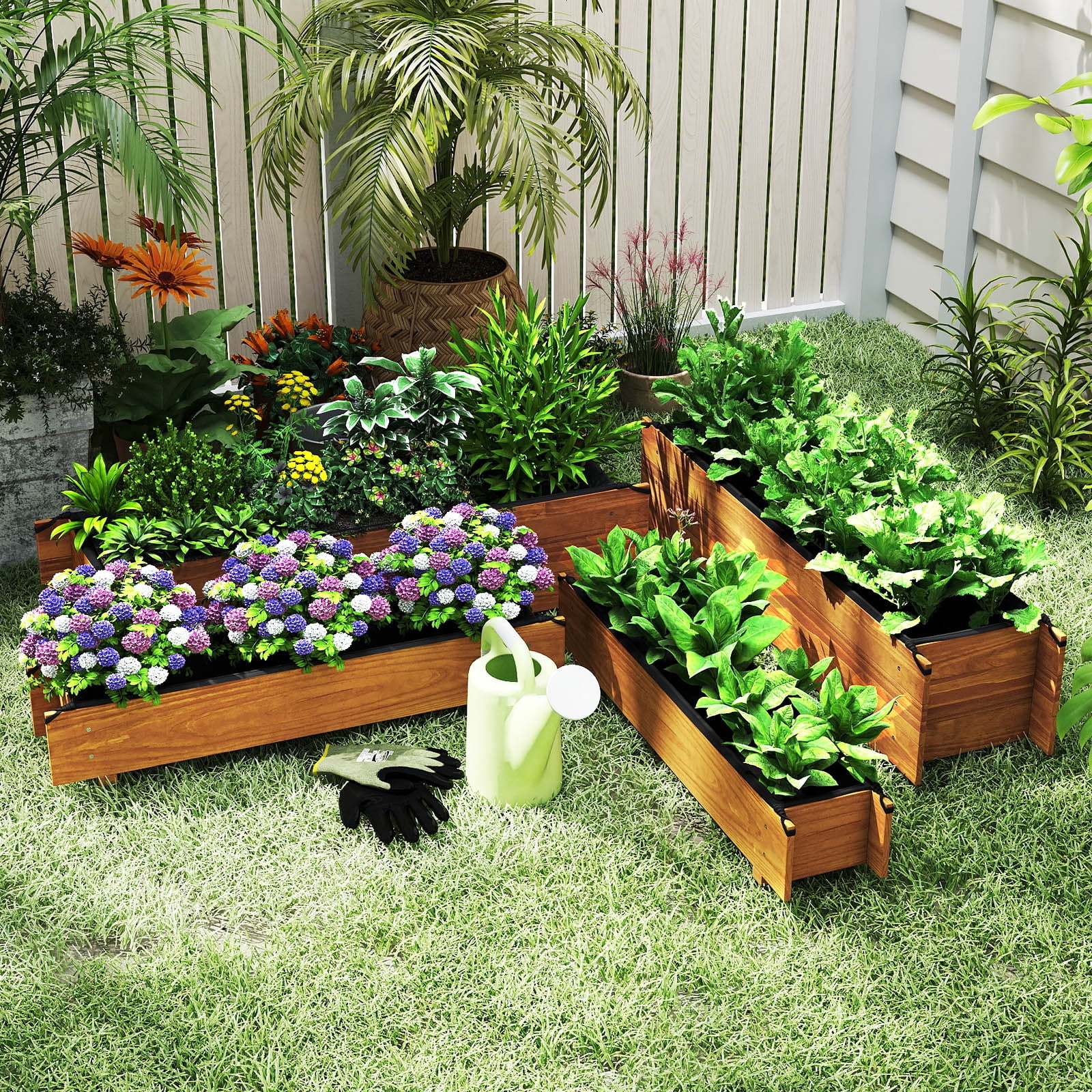 Gymax Wooden Raised Garden Bed w/ Drainage Holes Liner for Vegetable Flower Herb