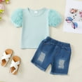 thumbnail image 2 of Kucnuzki 3T Toddler Girl Summer Outfits Shorts Sets 4T Short Mesh Puff Sleeve Pure Color Casuak Tee Top Elastic Denim Shorts 2PCS Set Green, 2 of 9