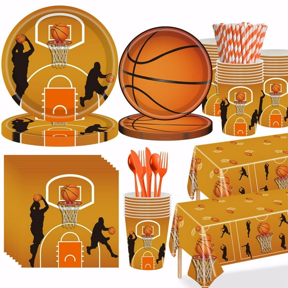 Sokhug 47Pcs Basketball Party Supplies Basketball Birthday Decorations Paper Plates Napkins Tablecloth Banner Cups Disposable Tableware Set for Basketball Theme Birthday Party Decorations