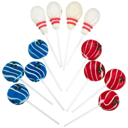 2” Bowling Lollipops - Pack of 12 Fruit-Flavored Recreation Candy Suckers for Party Favors, Cake Decorations, Novelty Supplies or Treats for Halloween, Christmas, Baby Showers
