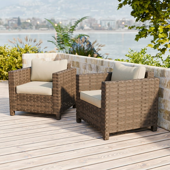 INTER HUT Coastal Haven 2PCS Patio Wicker Chair Outdoor Furniture Chair All Weather Dining Brown Rattan Armchair with Wide Wicker & Deep Seating
