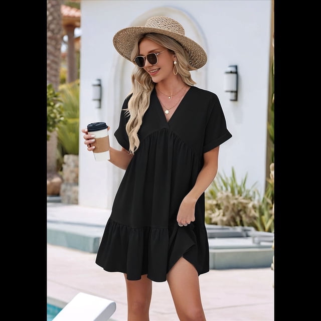 Vestido Negro de Corta con Escote en V y Bajo con Volantes (Talla XL)
