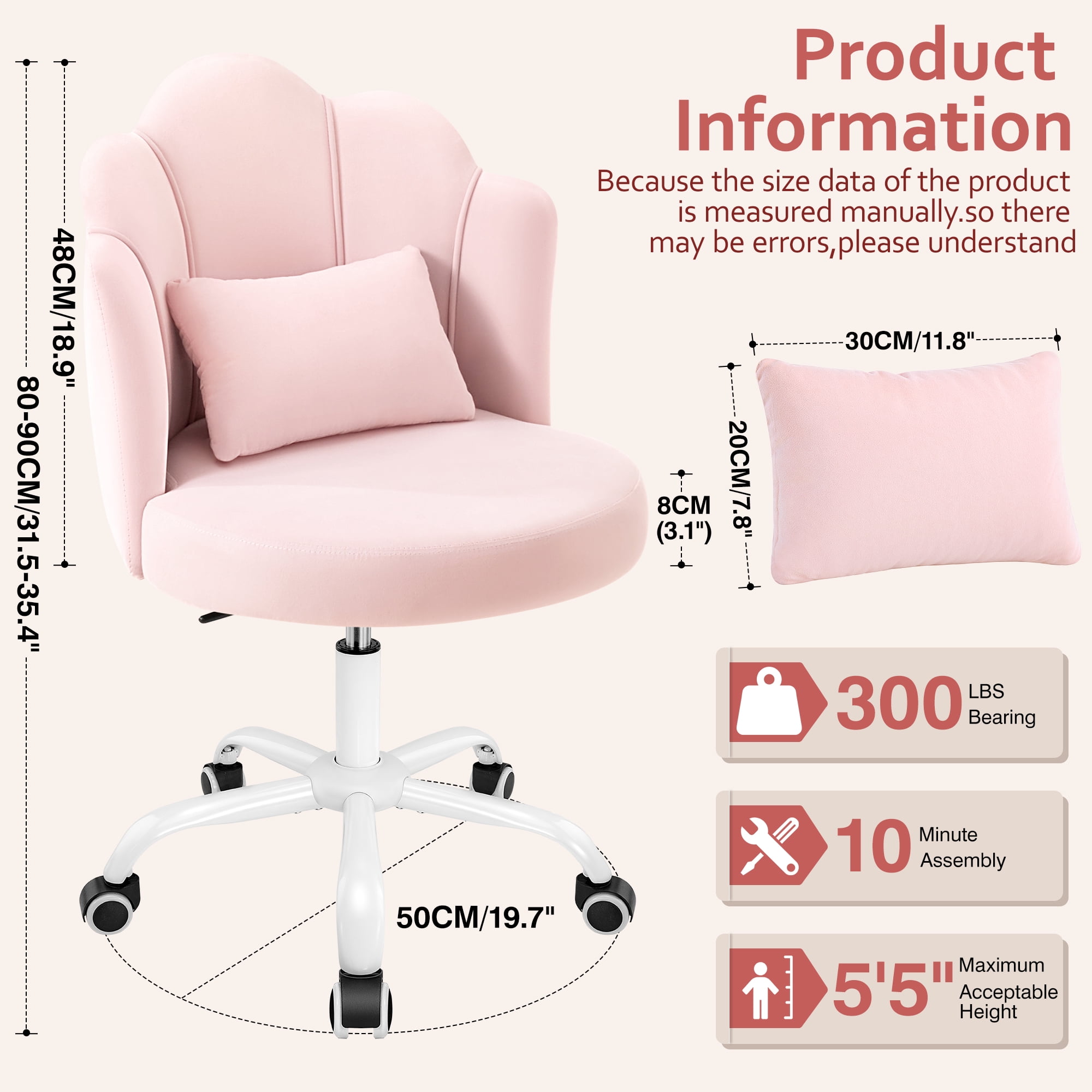 COOLHUT Vanity Chair, Velvet Petal Vanity Makeup Chair with Lumber Support, Home Office Desk Chair with Wheels, Height Adjustable Computer Work Chair for Bedroom, Living Room, Pink