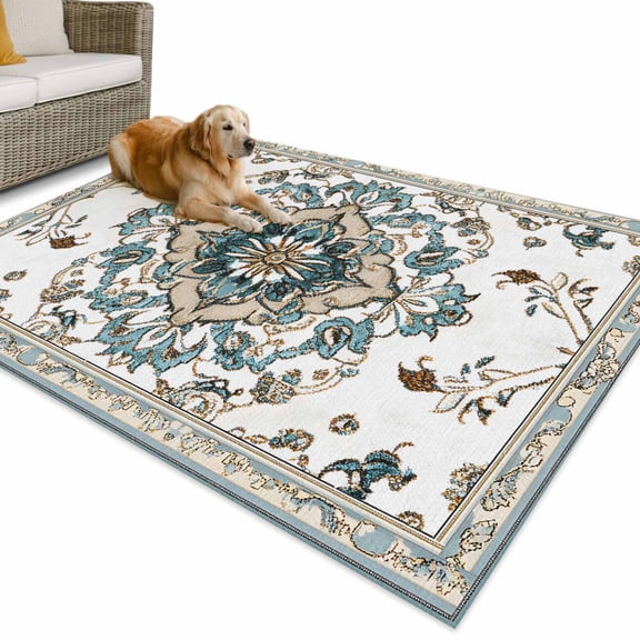 Outdoor Rug 5x8 ft Boho Waterproof Outdoor Patio Rug Mat Non Slip Outside Area Rugs Carpet for RV,Camping,Porch,Deck,Pool,Balconybackyard,Retro Pattern Aqua Blue