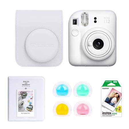 Instax Mini 12 Instant Film Camera, Clay White, Bundle with Accessory Kit and Twin Pack Daylight Film