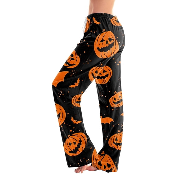 Halloween Pajama Pants for Women Witch Hat Candy Wide Leg Horror Sleep Pants Bat Spider Web Elastic High Waist Funny Pajama Pants, XL