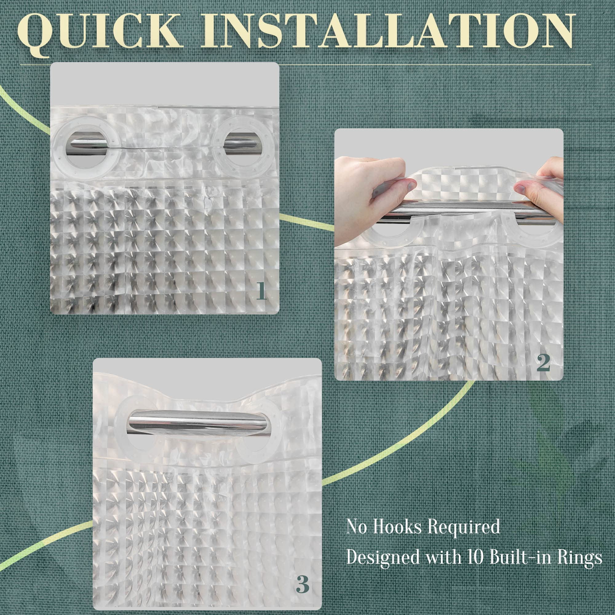 No Hook Shower Curtain Or Liner - 8g Heavy Duty Grid Bathroom Hooks Required  Waterproof Plastic & Pvc Free Standard Size 71 X 74 Square