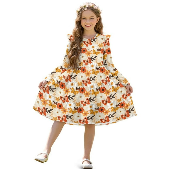FKELYI Girls Crew Neck Dress A-Line Tiered Swing Dress Ruffle Long Sleeve Fall Sundress Retro Flower Butterfly Print Midi Playwear for Party Birthday, 5-6 Y