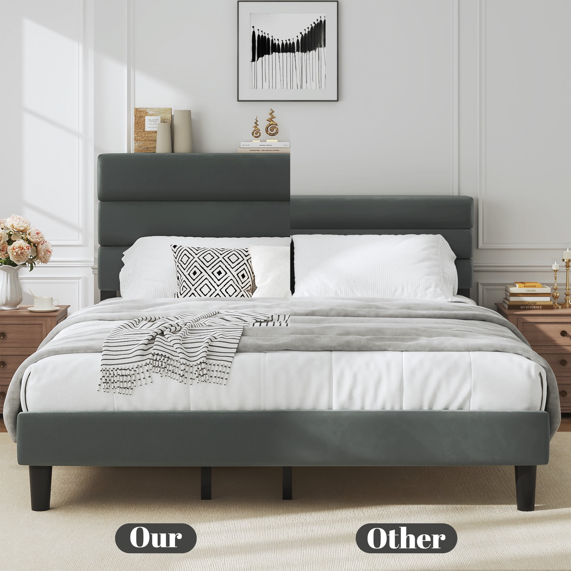 Bolvdo Queen Bed Frame with Velvet Upholstered Headboard, Metal Support, No Box Spring Needed, Noise Free, Easy Assembly, Grey