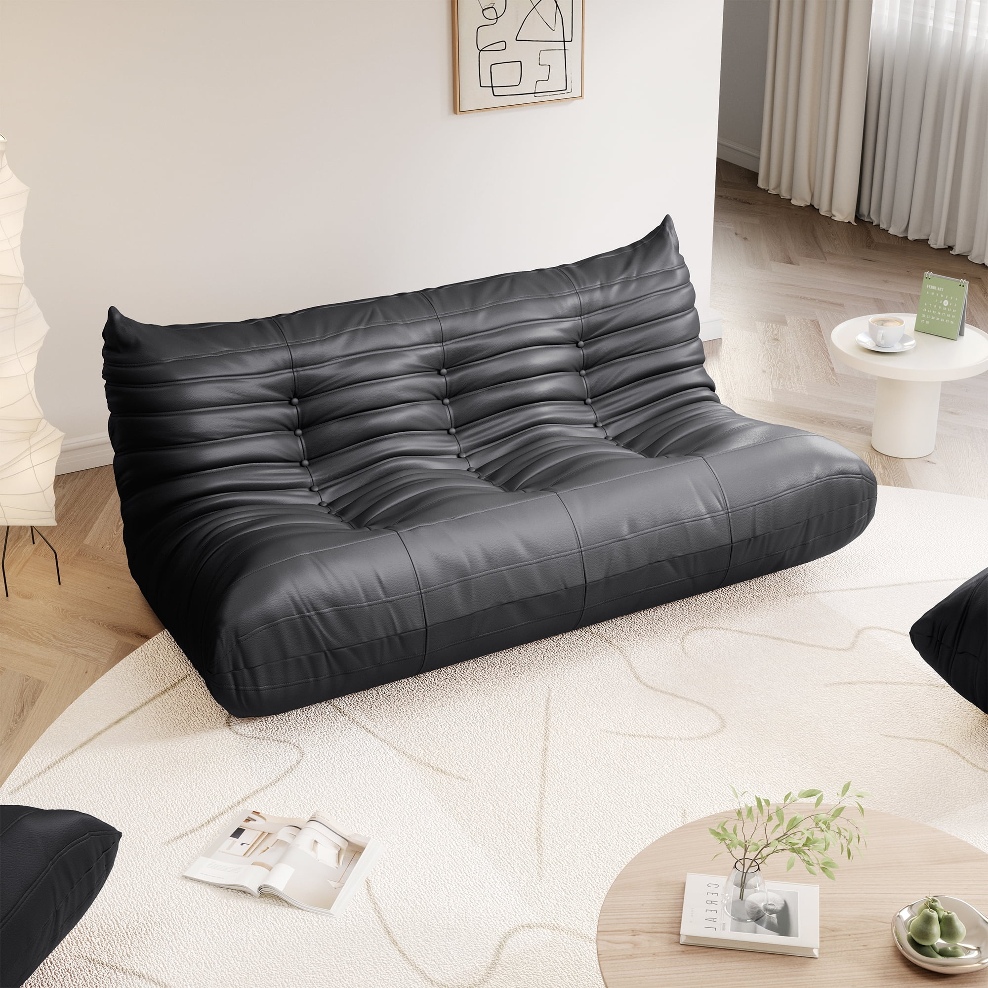Gtilzria Lazy Sofa, Bean Bag Chair for Adults Floor Couch, 3 Seat Fireside Chair with Ergonomic Design Modern Faux Leather Lounge Chair for Living Room, Bedroom, Black