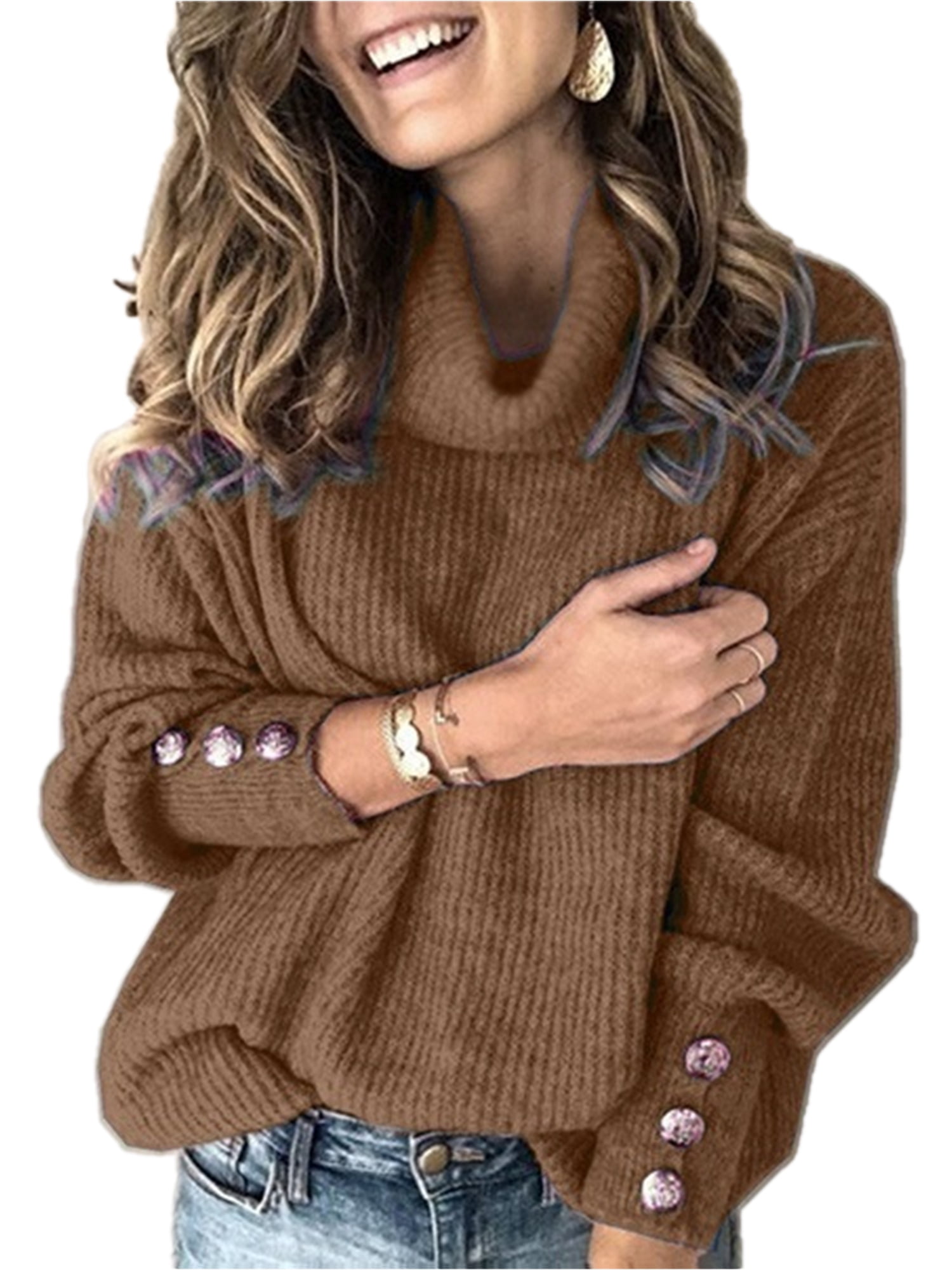 Women Winter Loose Button Tops Long Sleeve Knitted Jumper Pullover Sweater Shirt 