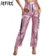 thumbnail image 2 of Pantalones Cargo metálicos brillantes para mujer, Pantalones rectos con bolsillos grandes y recortes de cintura alta, pantalones elegantes, traje de baile de Jazz Rave Club, 2 of 5