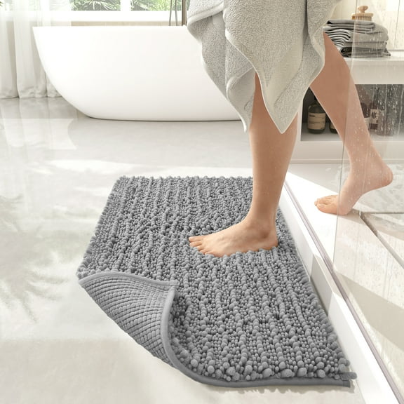 PABUBE Bathroom Rug, 16"x24" Luxury Chenille Bath Mat, Shag Bath Rugs, Soft and Absorbent, Machine Washable Bathroom mat, Non Slip Bath Rug for Bathroom Floor, Silver Gray