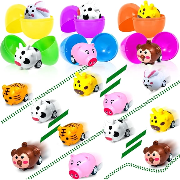 12 Pcs Easter Eggs with Animals Pull Back Cars, Easter Party Favors for Kids, Easter Egg Toys, Easter Basket Stuffers, Easter Theme Party