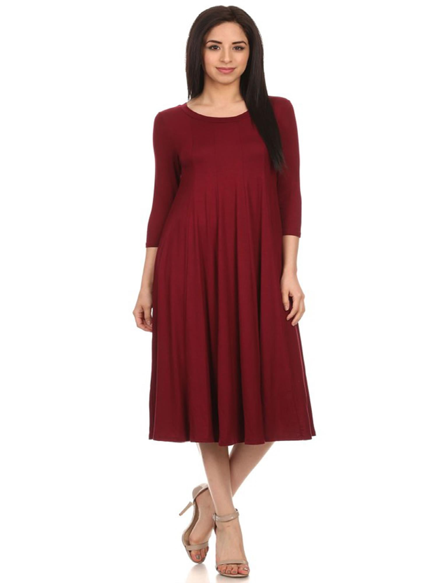 Women's Loose Fit 3/4 Sleeve Round Neck Jersey Knit A-Line Solid Midi Dress
