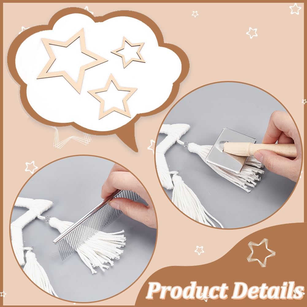 295 Yards/270m 2mm Premium Polyester Macrame Cord Crochet Thread Polyester Crochet Bag Yarn Kit with 6Pcs Wooden Star Frames 2Pcs Tassel Combs for Macrame Decorations DIY Crafts - White White
