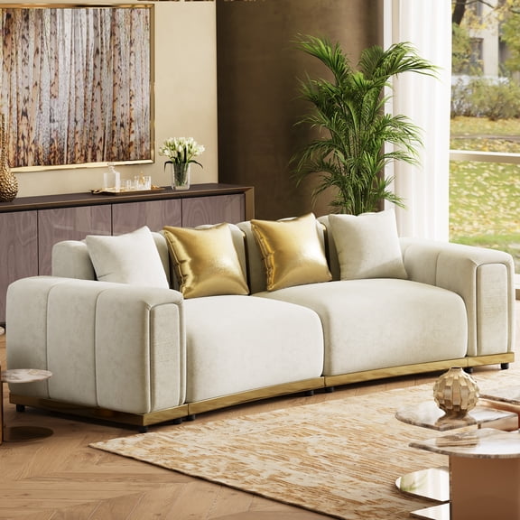 Wiilayok 104" Velvet Modular Sofa,Beige Curved Chesterfield Sectional Sofa Couch with Gold Accents, Luxury Mid-Century Classic 4 Seater Sofa for Living Room